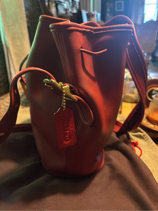 Coach Handbags - Vintage Coach Lulu’s Red Leather Drawstring bucket Bag with Gold Hardware